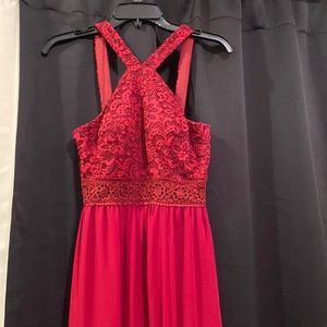 Formal long burgundy dress with lace above the waist
